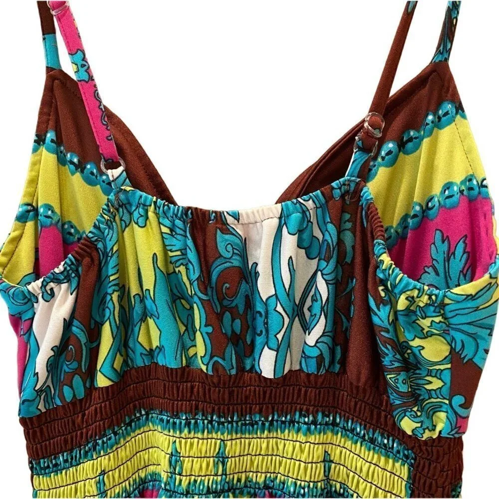 SHE'S COOL Women's Maxi Dress, Size M, Boho, Colors Brown/Pink/Aqua/Lime Green/W - Picture 6 of 8
